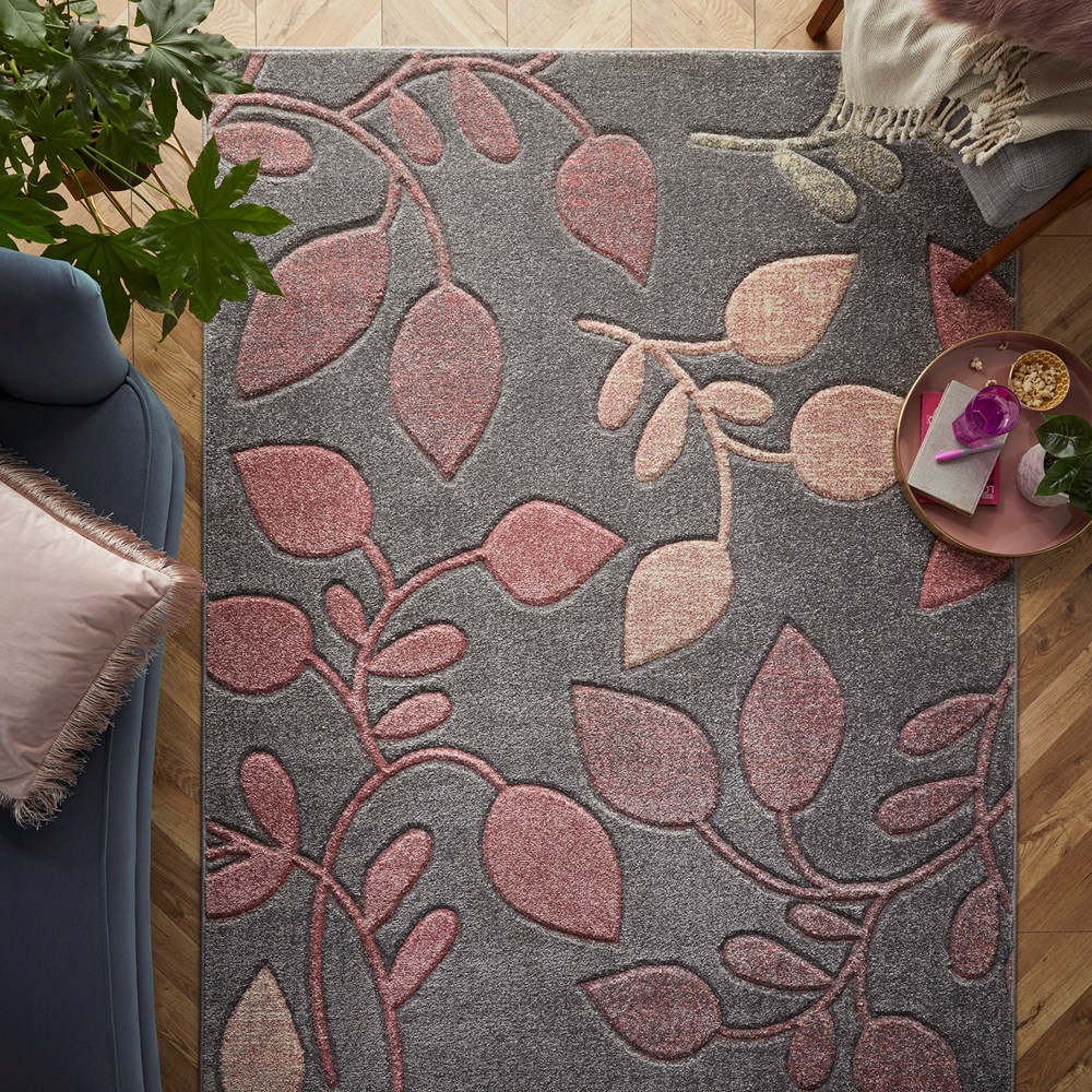 Portland 1096 V Carved Leaf Rugs in Pink Grey Cream